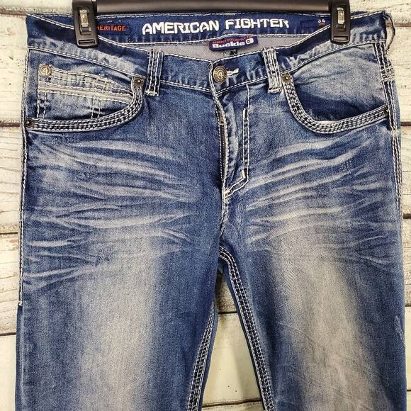 American Fighter Buckle Men’s Jeans Size 34L Blue Distressed Denim - Picture 2 of 13